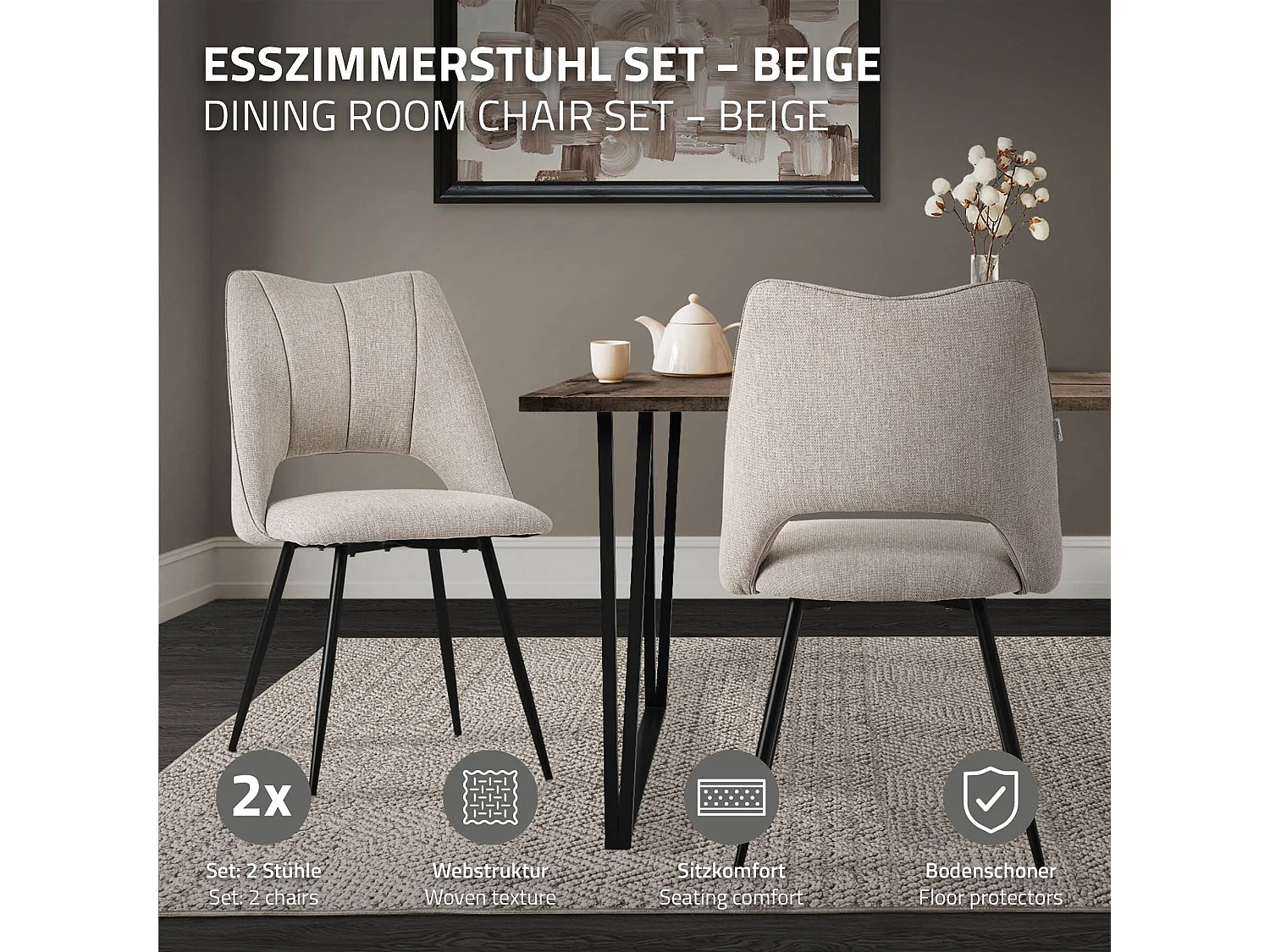 Lot de 2 chaises de salle à manger beige assise ergonomique rembourrage doux en polyester pieds noir en acier revêtu par poudre design élégant
