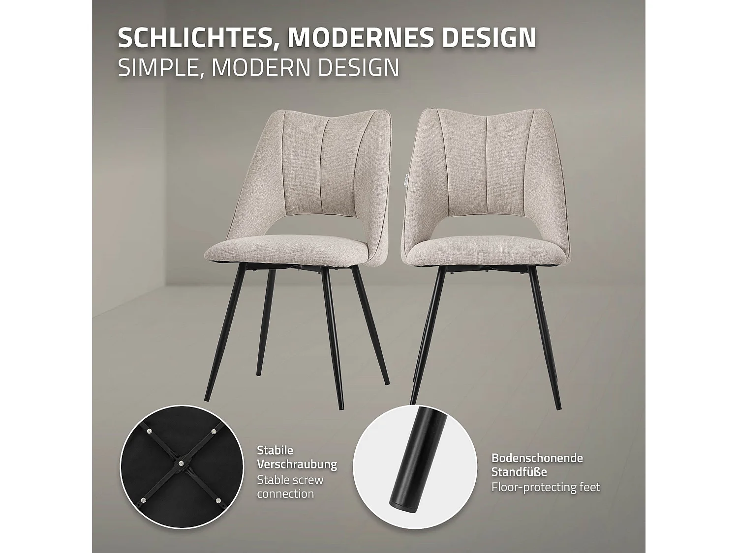 Lot de 2 chaises de salle à manger beige assise ergonomique rembourrage doux en polyester pieds noir en acier revêtu par poudre design élégant