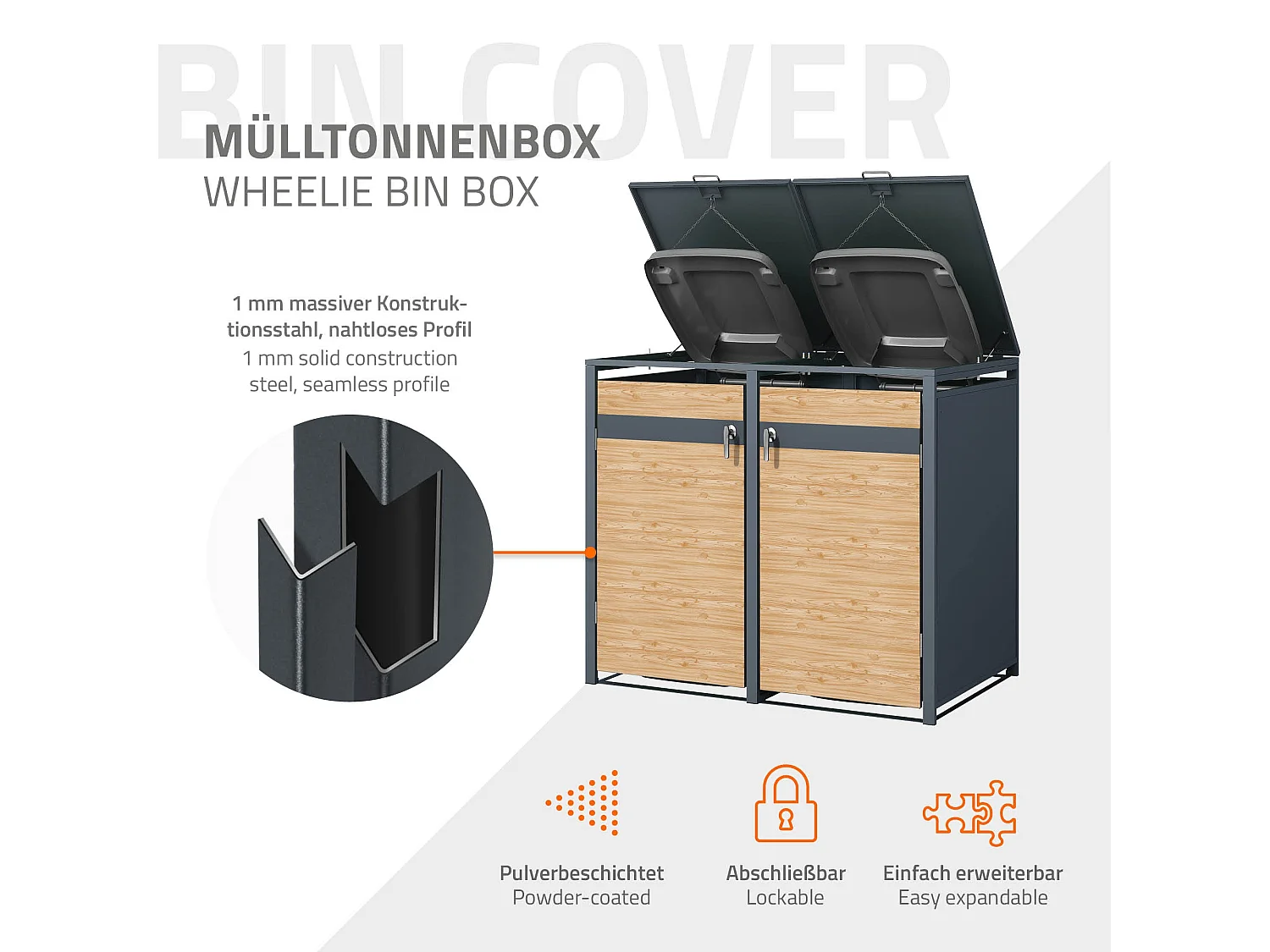 Abri pour 2 poubelles 132x80x116,3 cm capacité de 60L à 240L anthracite/aspect mélèze acier couvercle rabattable/2 portes résistant aux intempéries