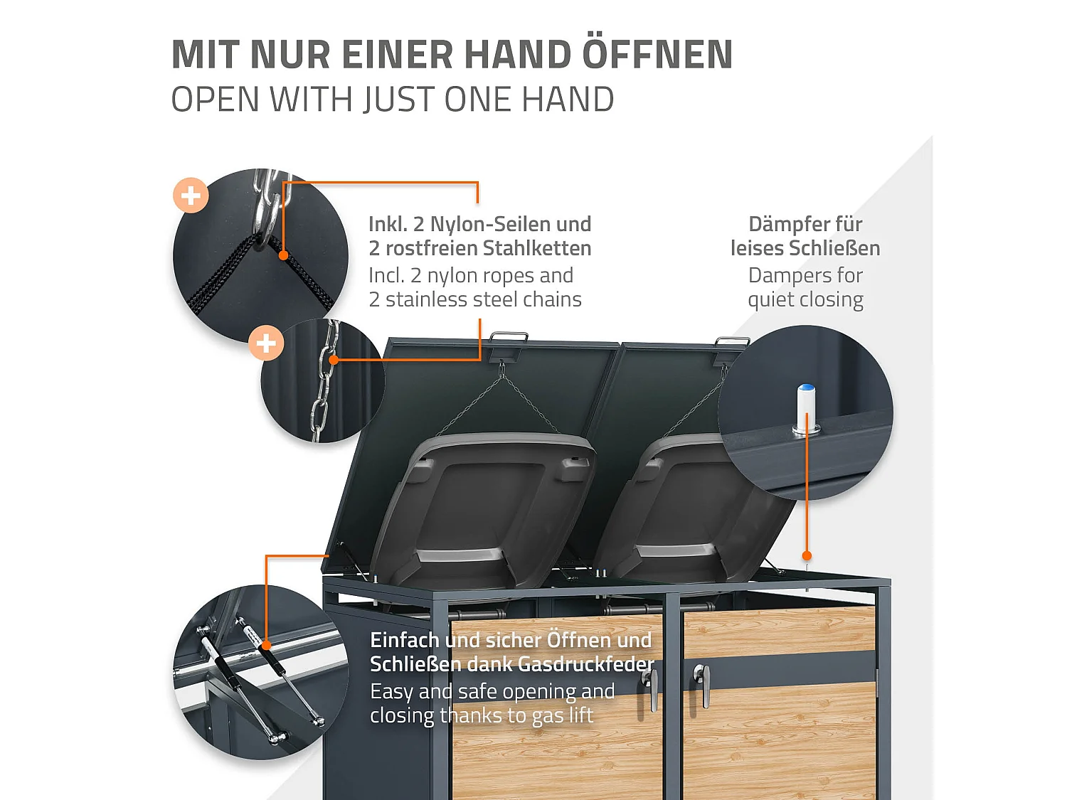 Abri pour 2 poubelles 132x80x116,3 cm capacité de 60L à 240L anthracite/aspect mélèze acier couvercle rabattable/2 portes résistant aux intempéries