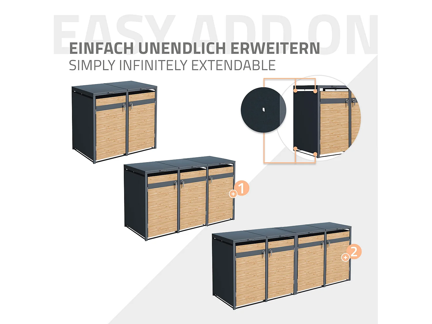 Abri pour 2 poubelles 132x80x116,3 cm capacité de 60L à 240L anthracite/aspect mélèze acier couvercle rabattable/2 portes résistant aux intempéries