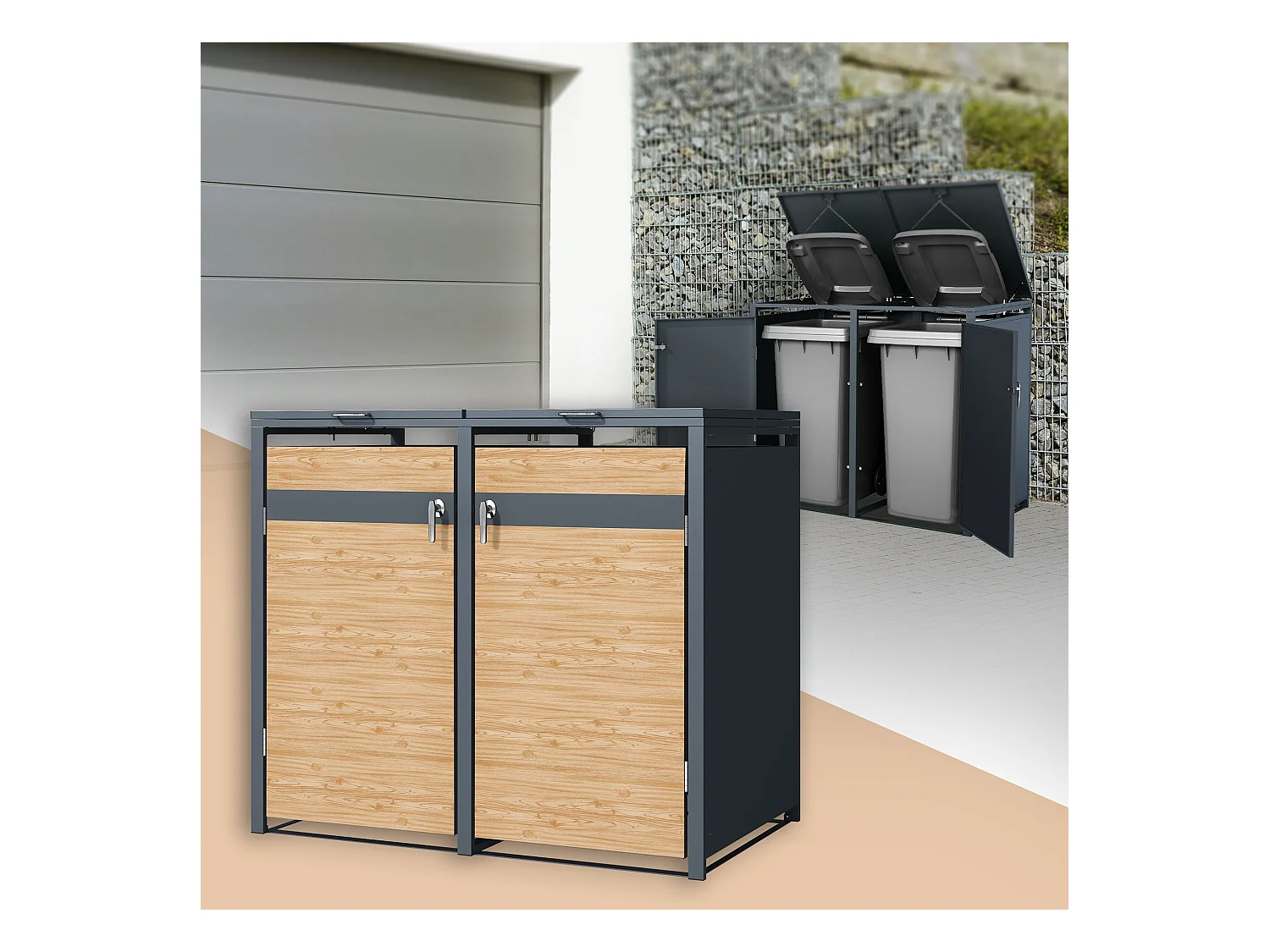 ML-Design Cobertizo exterior doble para cubos de basura 240L 132x80x116,3cm antracita caseta de acero aspecto alerce con tapa abatible y puerta