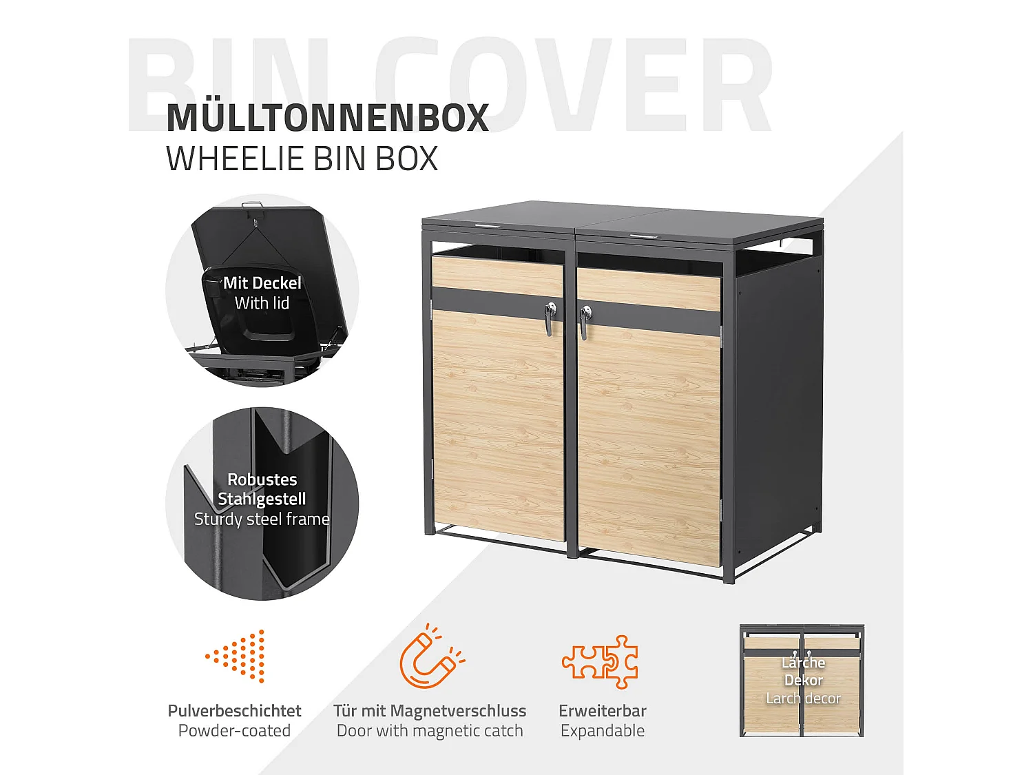 Abri pour 2 poubelles 132x80x120 cm capacité de 60L à 240L anthracite/aspect mélèze acier couvercle rabattable/2 portes résistant aux intempéries