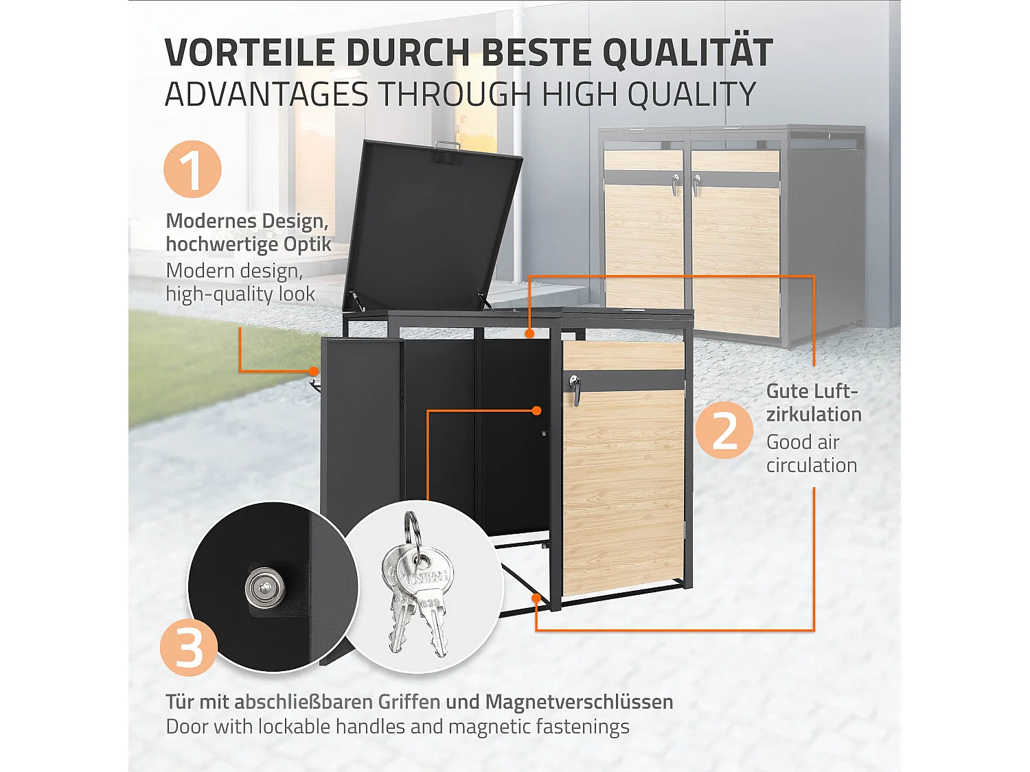 Abri pour 2 poubelles 132x80x120 cm capacité de 60L à 240L anthracite/aspect mélèze acier couvercle rabattable/2 portes résistant aux intempéries