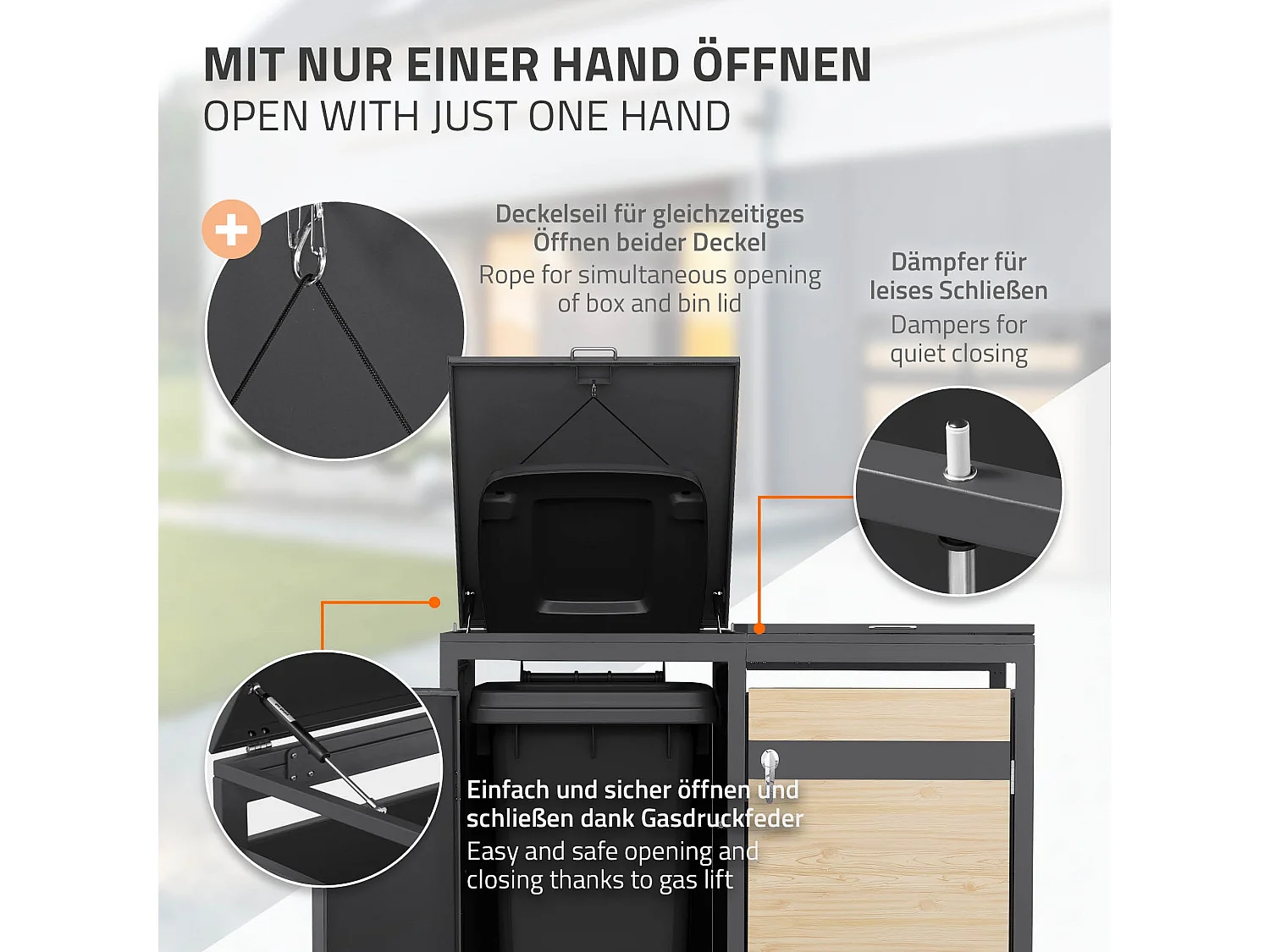 Abri pour 2 poubelles 132x80x120 cm capacité de 60L à 240L anthracite/aspect mélèze acier couvercle rabattable/2 portes résistant aux intempéries