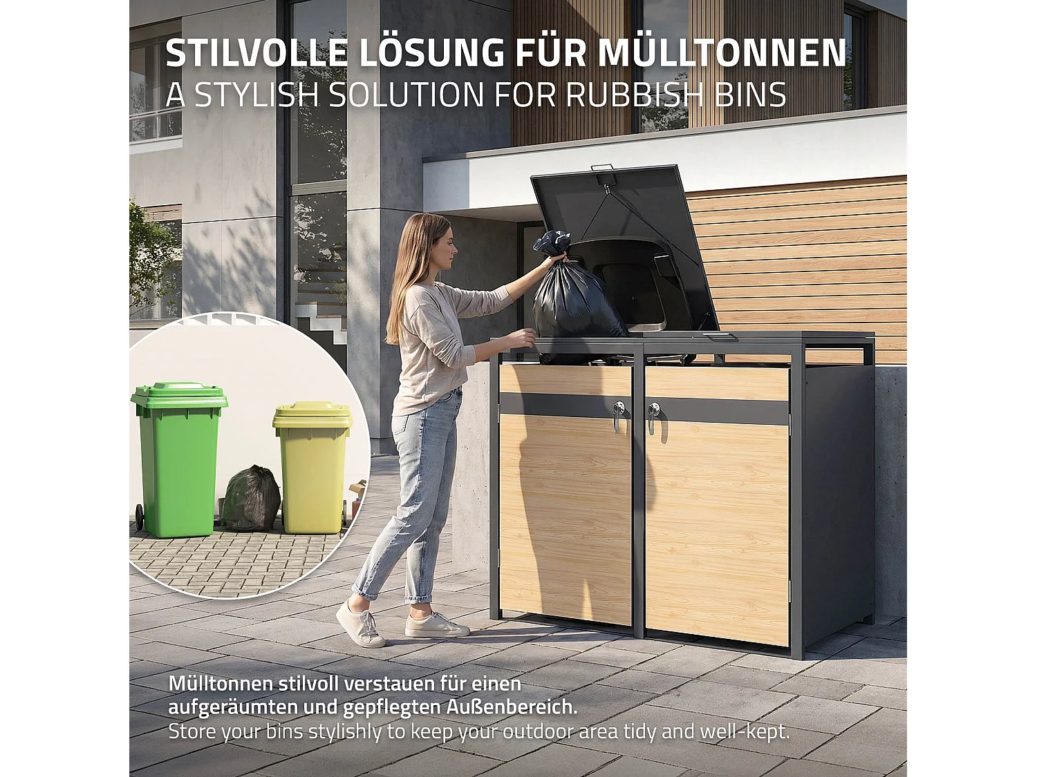 Abri pour 2 poubelles 132x80x120 cm capacité de 60L à 240L anthracite/aspect mélèze acier couvercle rabattable/2 portes résistant aux intempéries