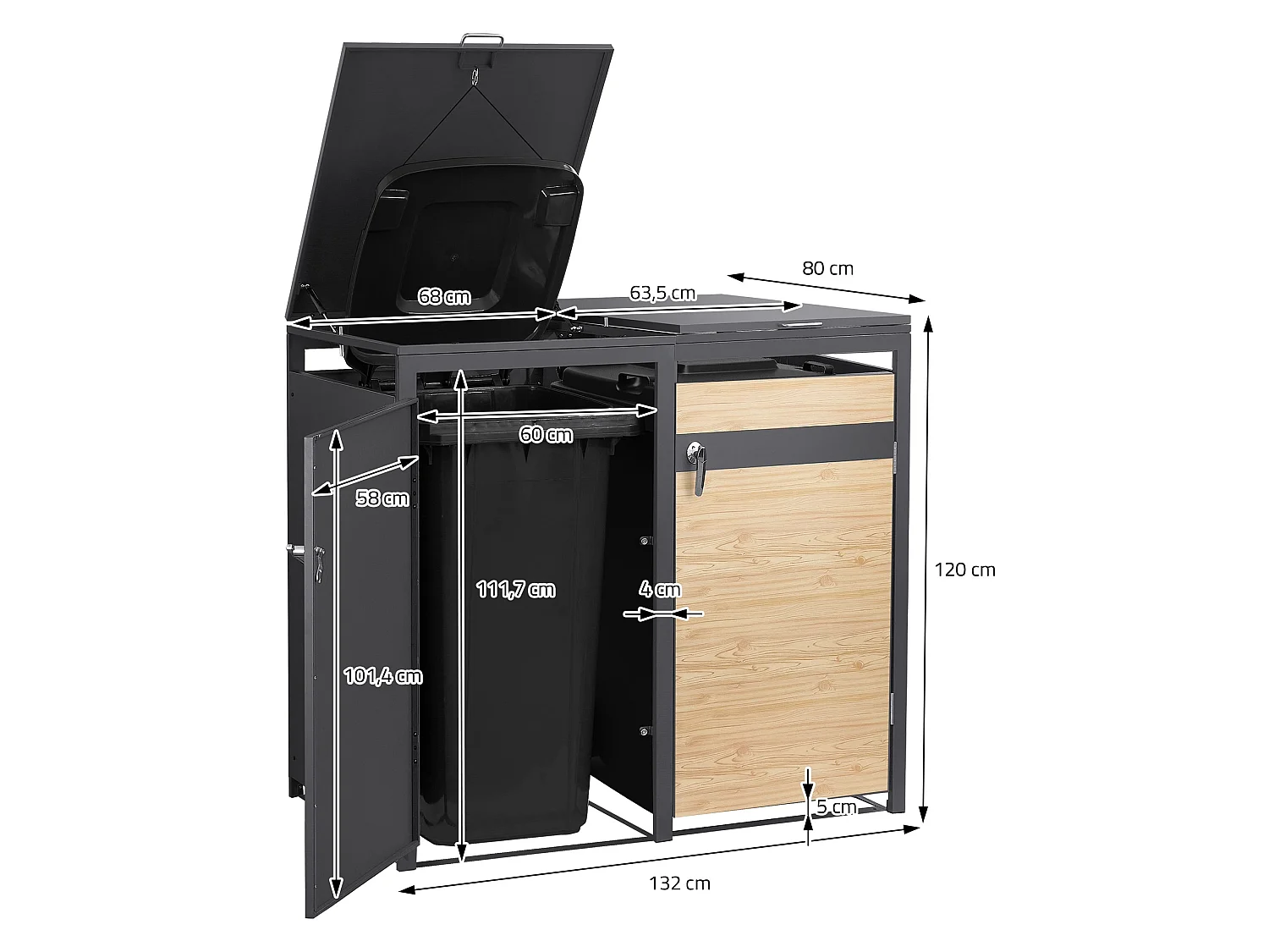 Abri pour 2 poubelles 132x80x120 cm capacité de 60L à 240L anthracite/aspect mélèze acier couvercle rabattable/2 portes résistant aux intempéries