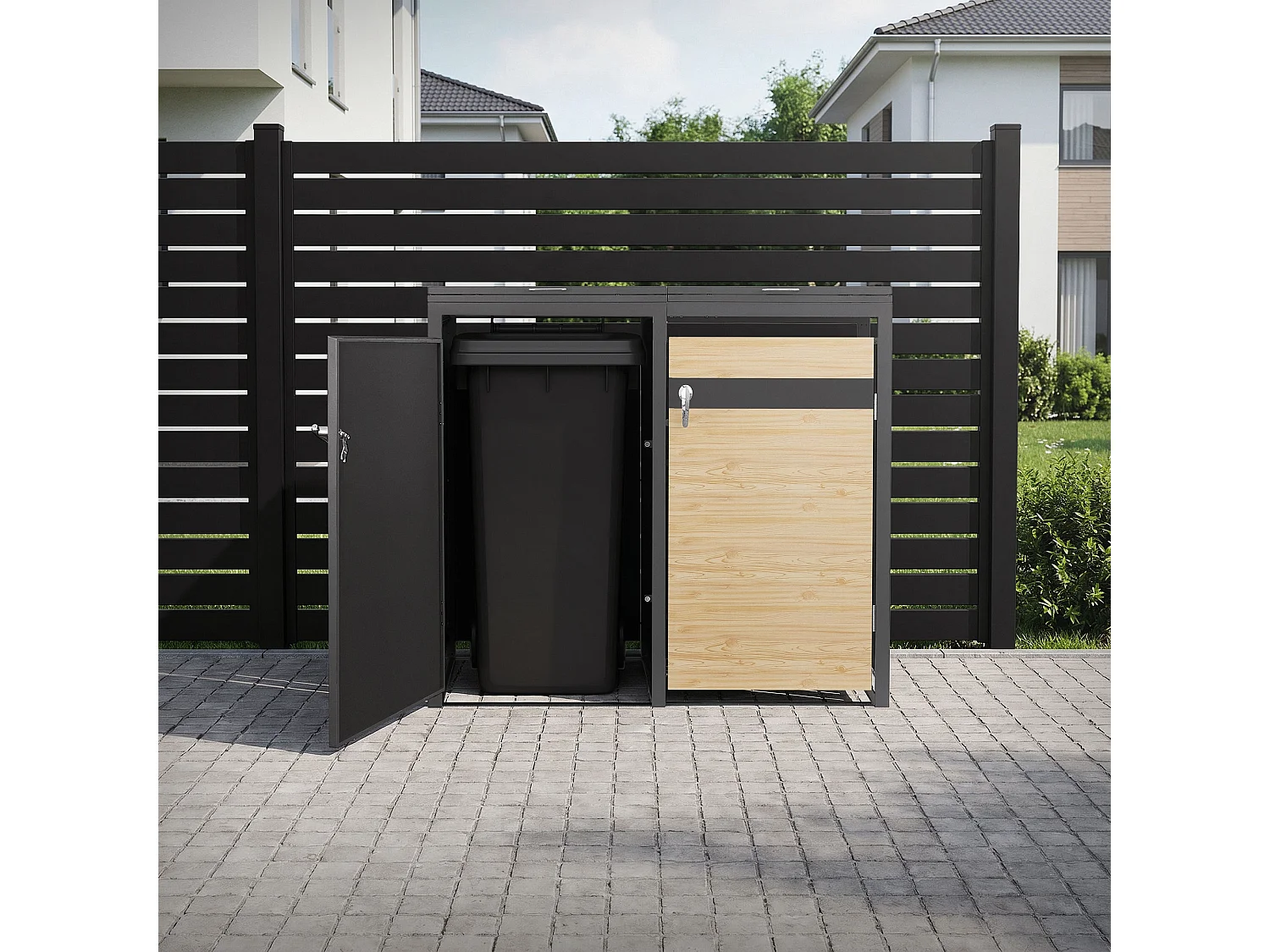 Abri pour 2 poubelles 132x80x120 cm capacité de 60L à 240L anthracite/aspect mélèze acier couvercle rabattable/2 portes résistant aux intempéries