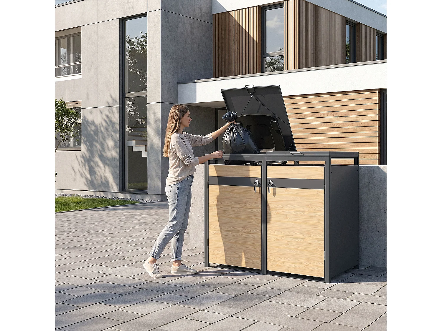 Abri pour 2 poubelles 132x80x120 cm capacité de 60L à 240L anthracite/aspect mélèze acier couvercle rabattable/2 portes résistant aux intempéries