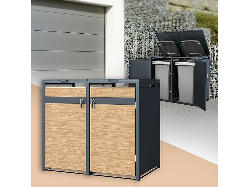 Abri pour 2 poubelles 132x80x116,3 cm capacité de 60L à 240L anthracite/aspect mélèze acier couvercle rabattable/2 portes résistant aux intempéries