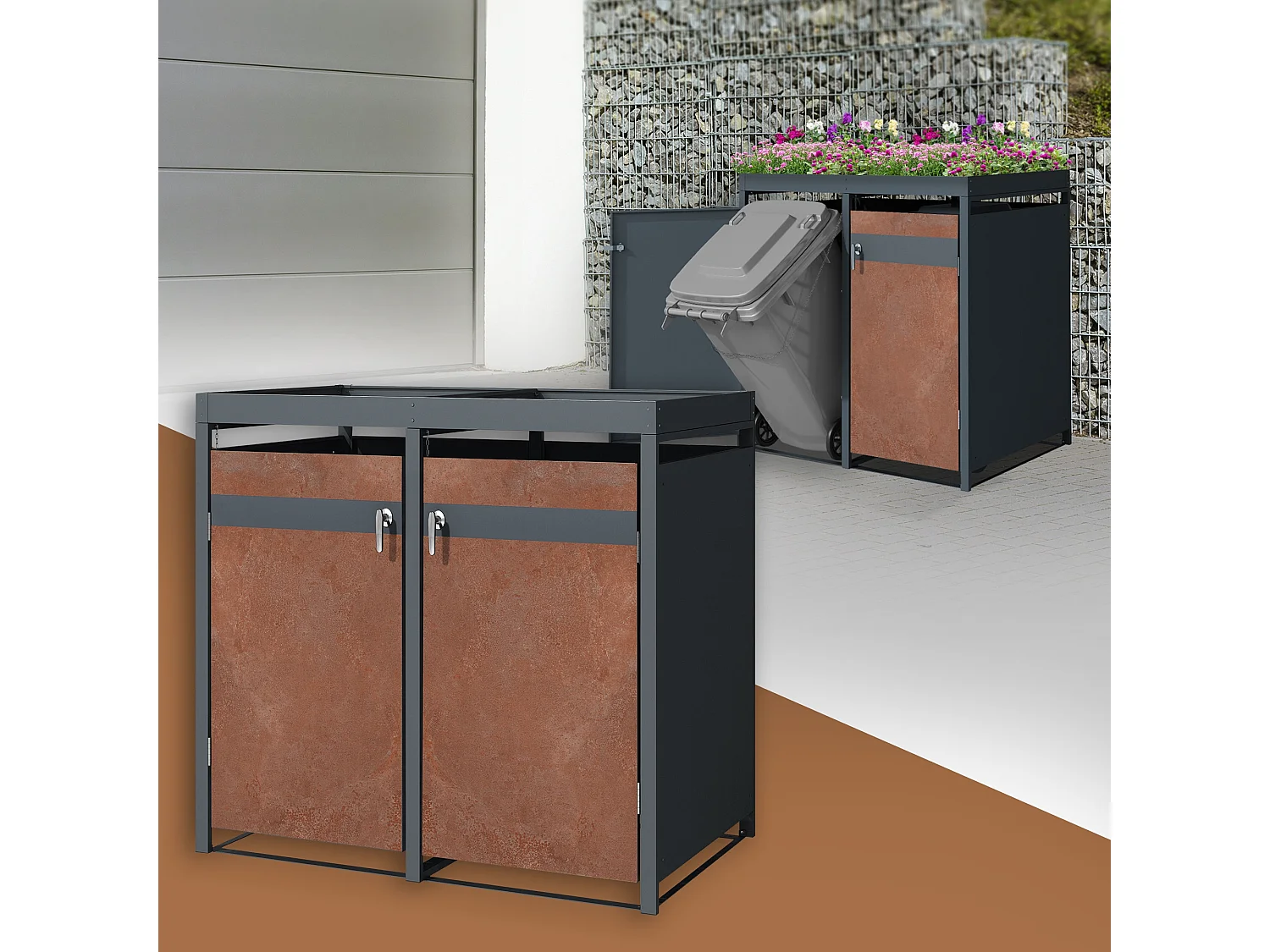 ML-Design Copribidoni per 2 bidoni 240L 132x80x124 cm in acciaio antracite effetto ruggine contenitore per pattumiera con 2 porte e tetto a fioriera