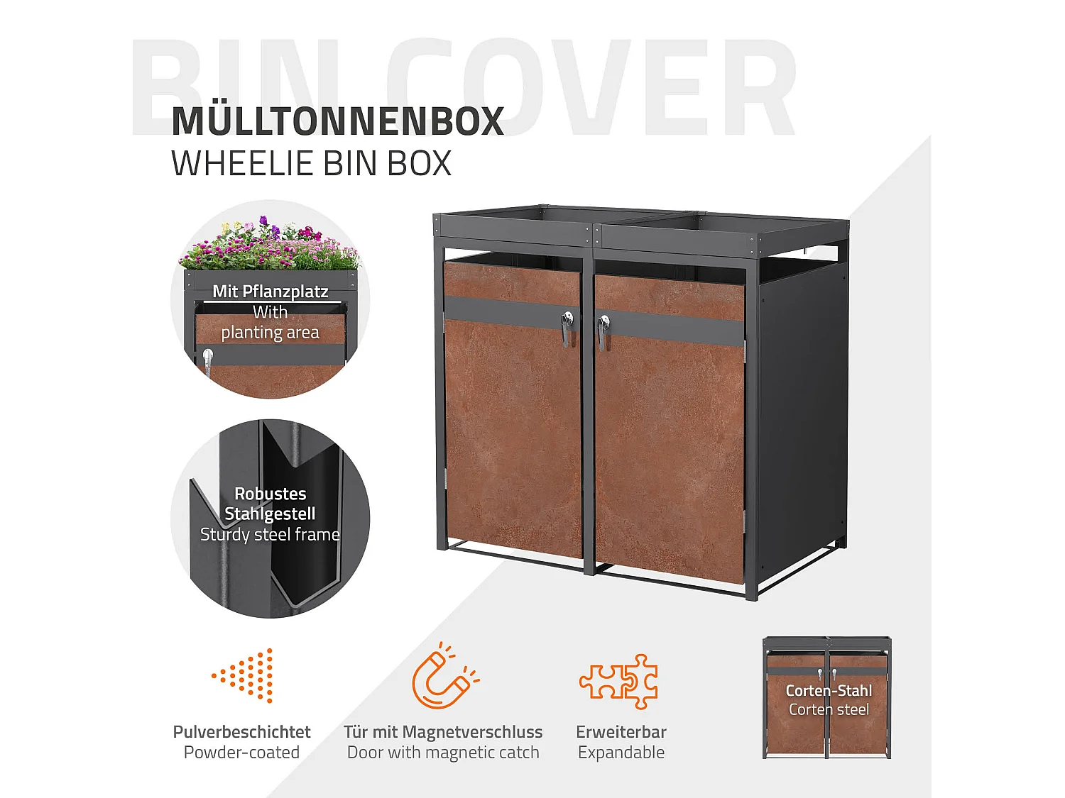 Abri pour 2 poubelles 132x80x124 cm capacité de 60L à 240L anthracite/aspect rouillé acier couvercle rabattable/2 portes résistant aux intempéries