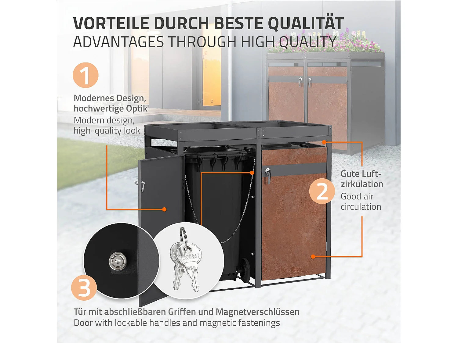 Abri pour 2 poubelles 132x80x124 cm capacité de 60L à 240L anthracite/aspect rouillé acier couvercle rabattable/2 portes résistant aux intempéries