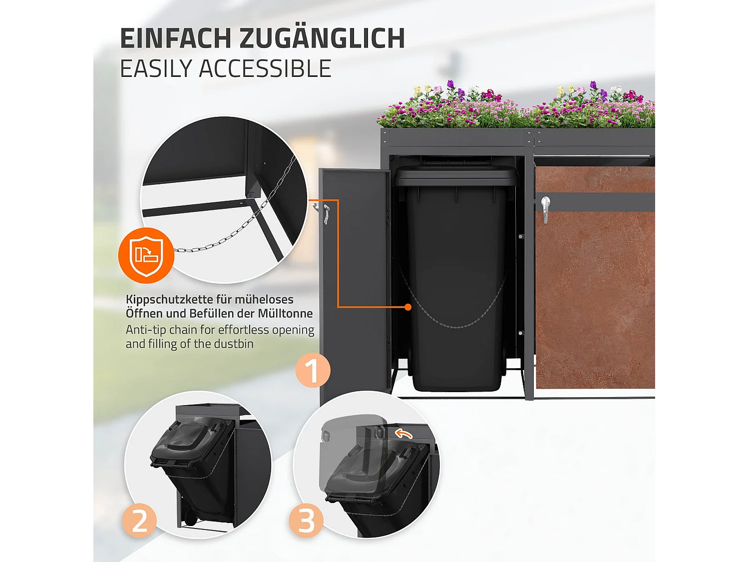 Abri pour 2 poubelles 132x80x124 cm capacité de 60L à 240L anthracite/aspect rouillé acier couvercle rabattable/2 portes résistant aux intempéries