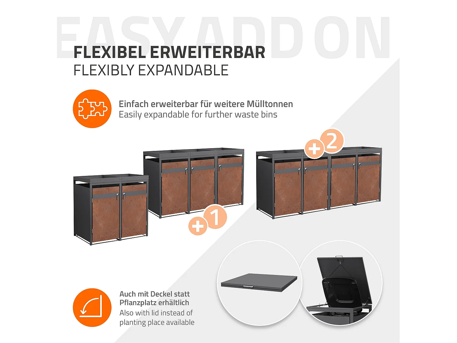 Abri pour 2 poubelles 132x80x124 cm capacité de 60L à 240L anthracite/aspect rouillé acier couvercle rabattable/2 portes résistant aux intempéries