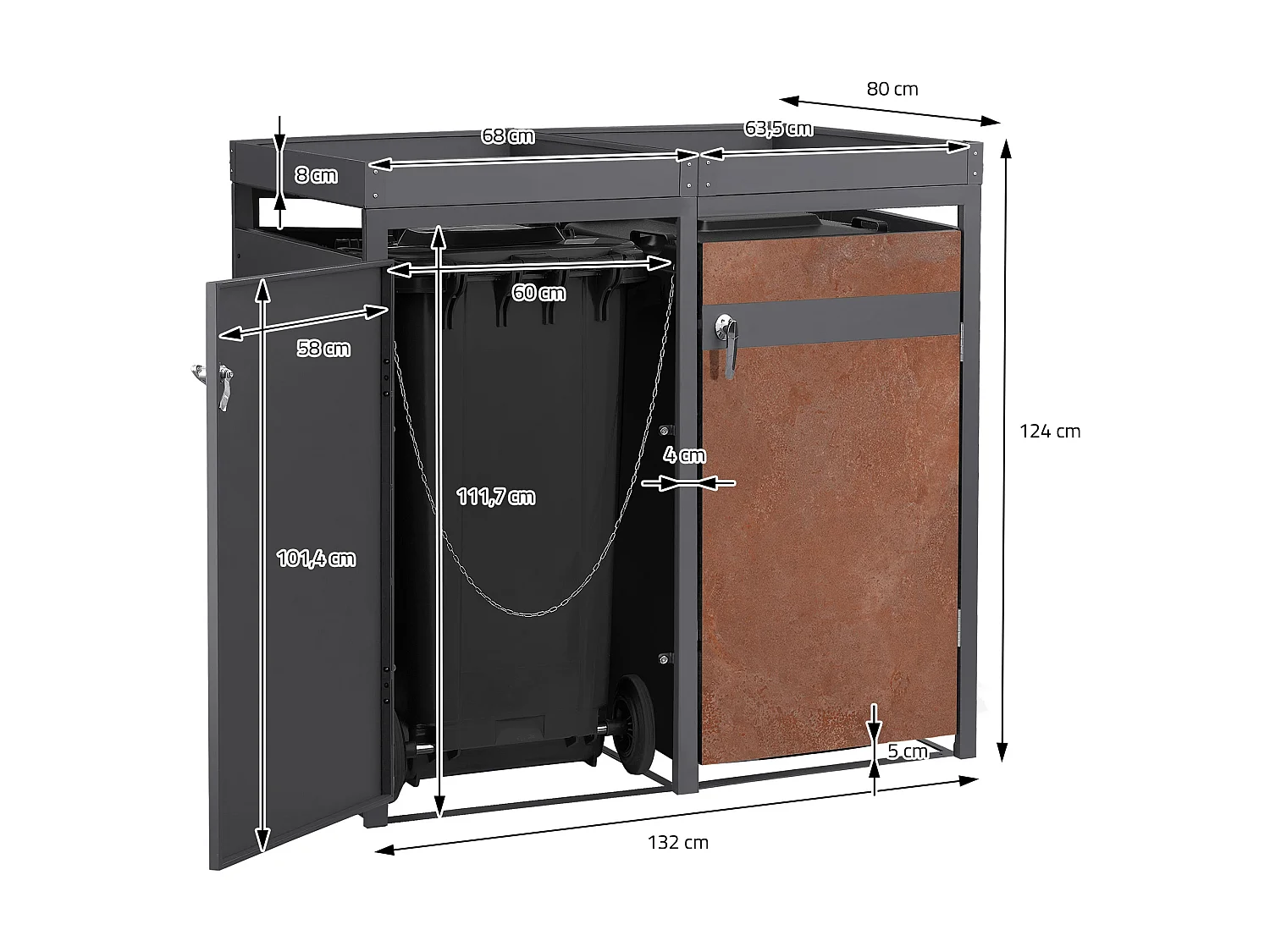 Abri pour 2 poubelles 132x80x124 cm capacité de 60L à 240L anthracite/aspect rouillé acier couvercle rabattable/2 portes résistant aux intempéries