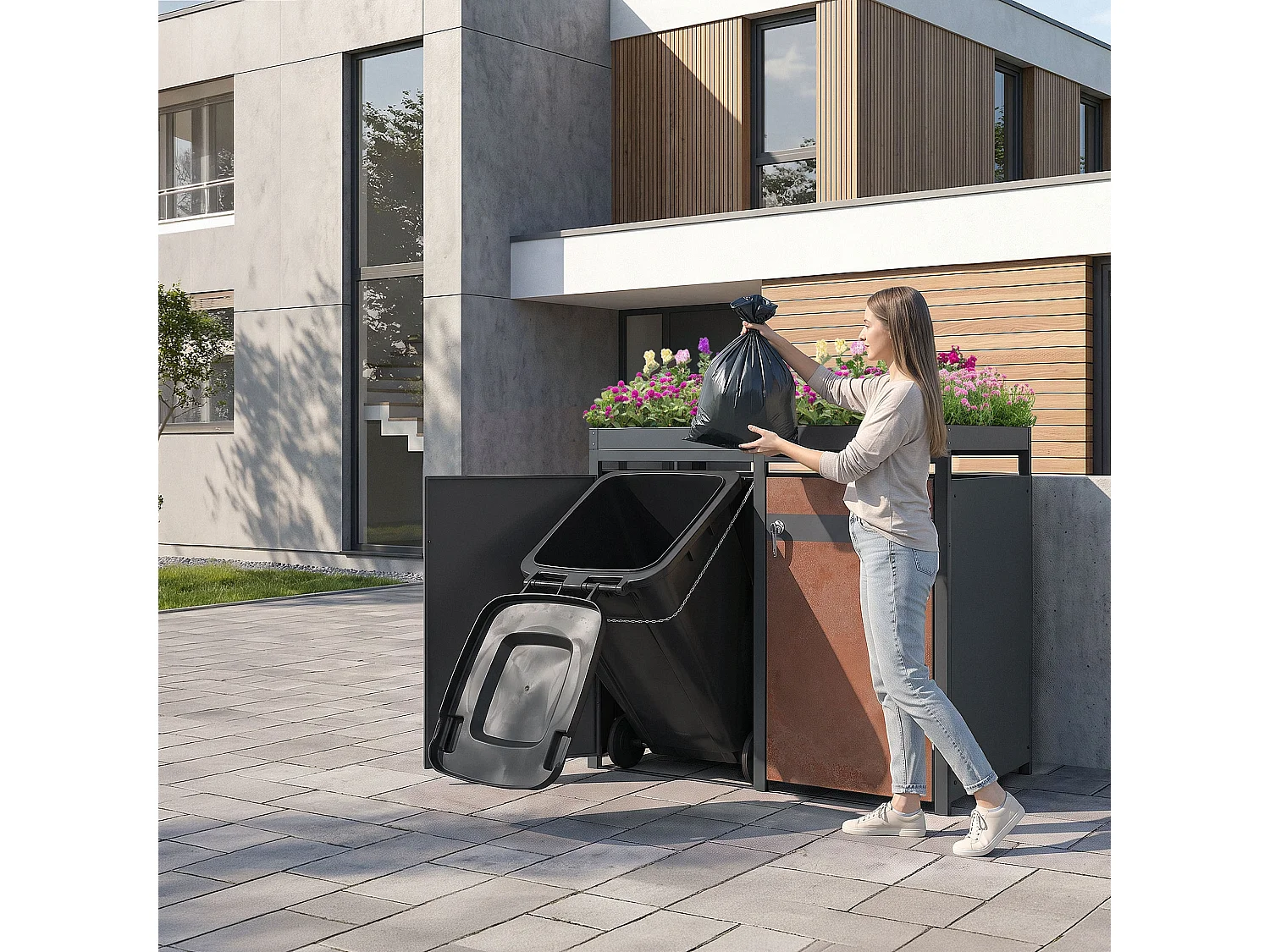 Abri pour 2 poubelles 132x80x124 cm capacité de 60L à 240L anthracite/aspect rouillé acier couvercle rabattable/2 portes résistant aux intempéries