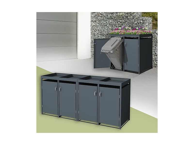 Abri pour 4 poubelles 264x80x124 cm capacité de 60L à 240L anthracite en acier avec toit pour plantes verrouillable 4 portes résistant aux intempéries