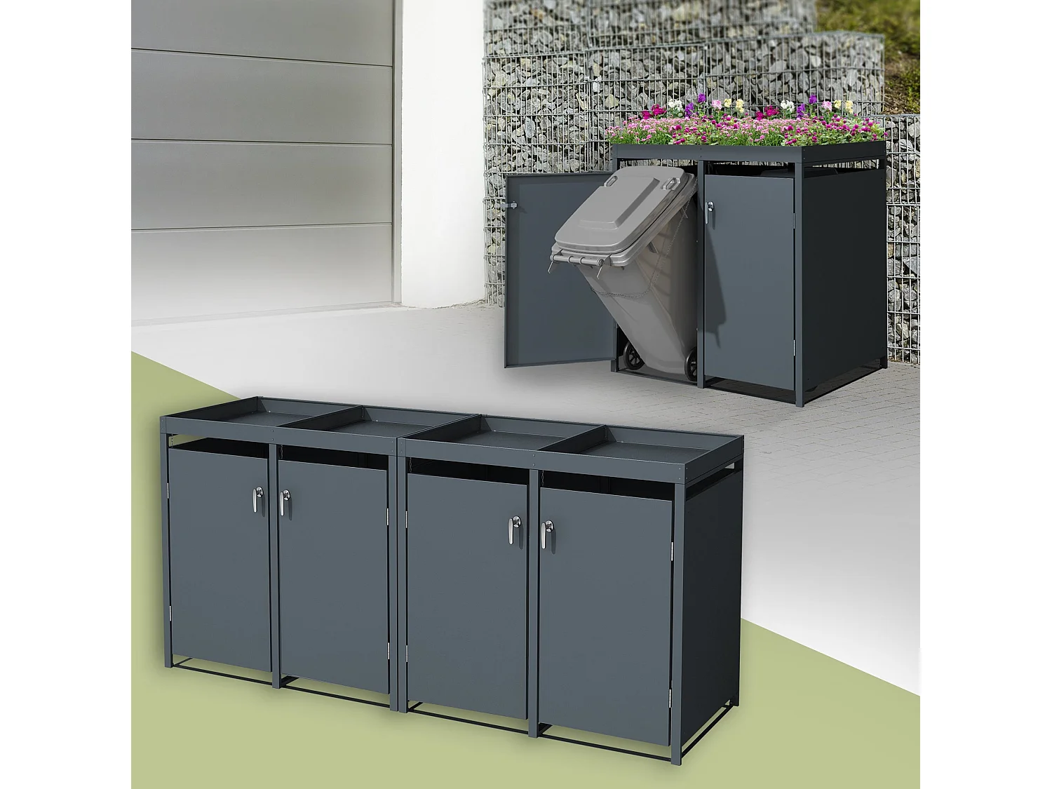 Abri pour 4 poubelles 264x80x124 cm capacité de 60L à 240L anthracite en acier avec toit pour plantes verrouillable 4 portes résistant aux intempéries