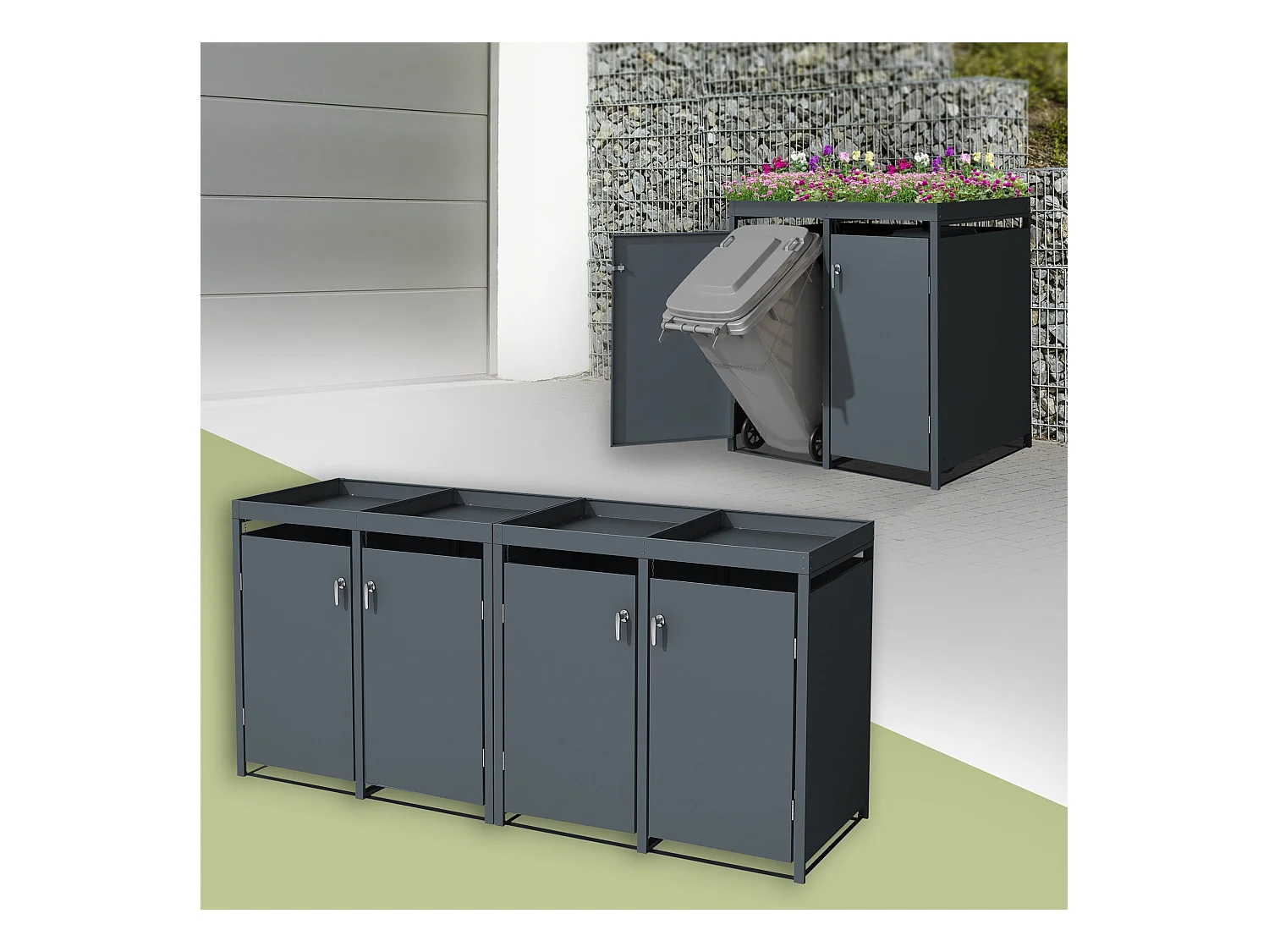 Abri pour 4 poubelles 264x80x124 cm capacité de 60L à 240L anthracite en acier avec toit pour plantes verrouillable 4 portes résistant aux intempéries