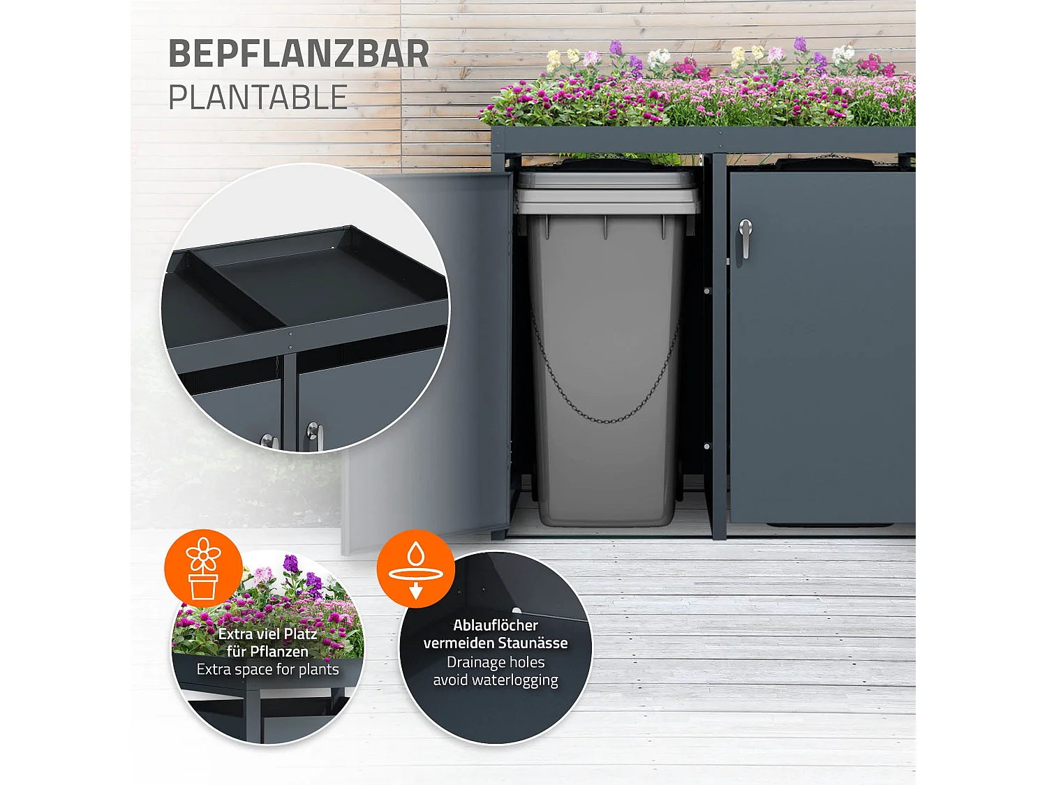 Abri pour 4 poubelles 264x80x124 cm capacité de 60L à 240L anthracite en acier avec toit pour plantes verrouillable 4 portes résistant aux intempéries