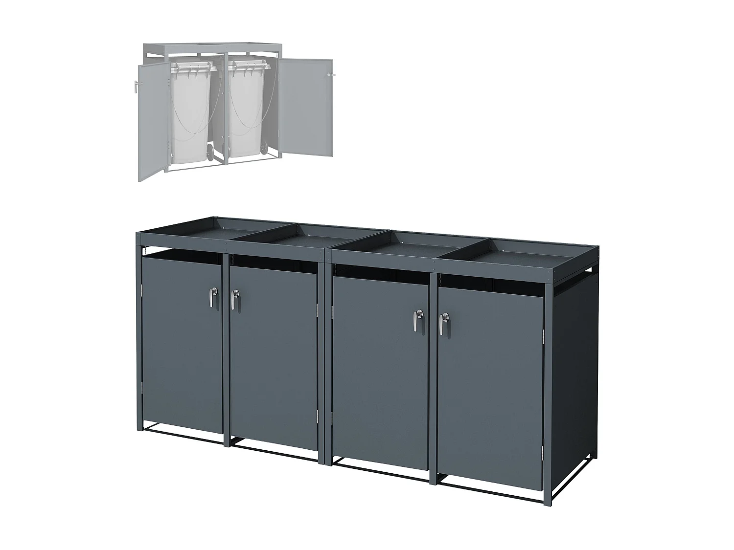 Abri pour 4 poubelles 264x80x124 cm capacité de 60L à 240L anthracite en acier avec toit pour plantes verrouillable 4 portes résistant aux intempéries