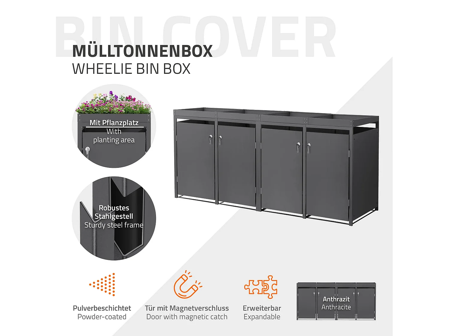 Abri pour 4 poubelles 264x80x124 cm capacité de 60L à 240L anthracite en acier avec toit pour plantes verrouillable 4 portes résistant aux intempéries