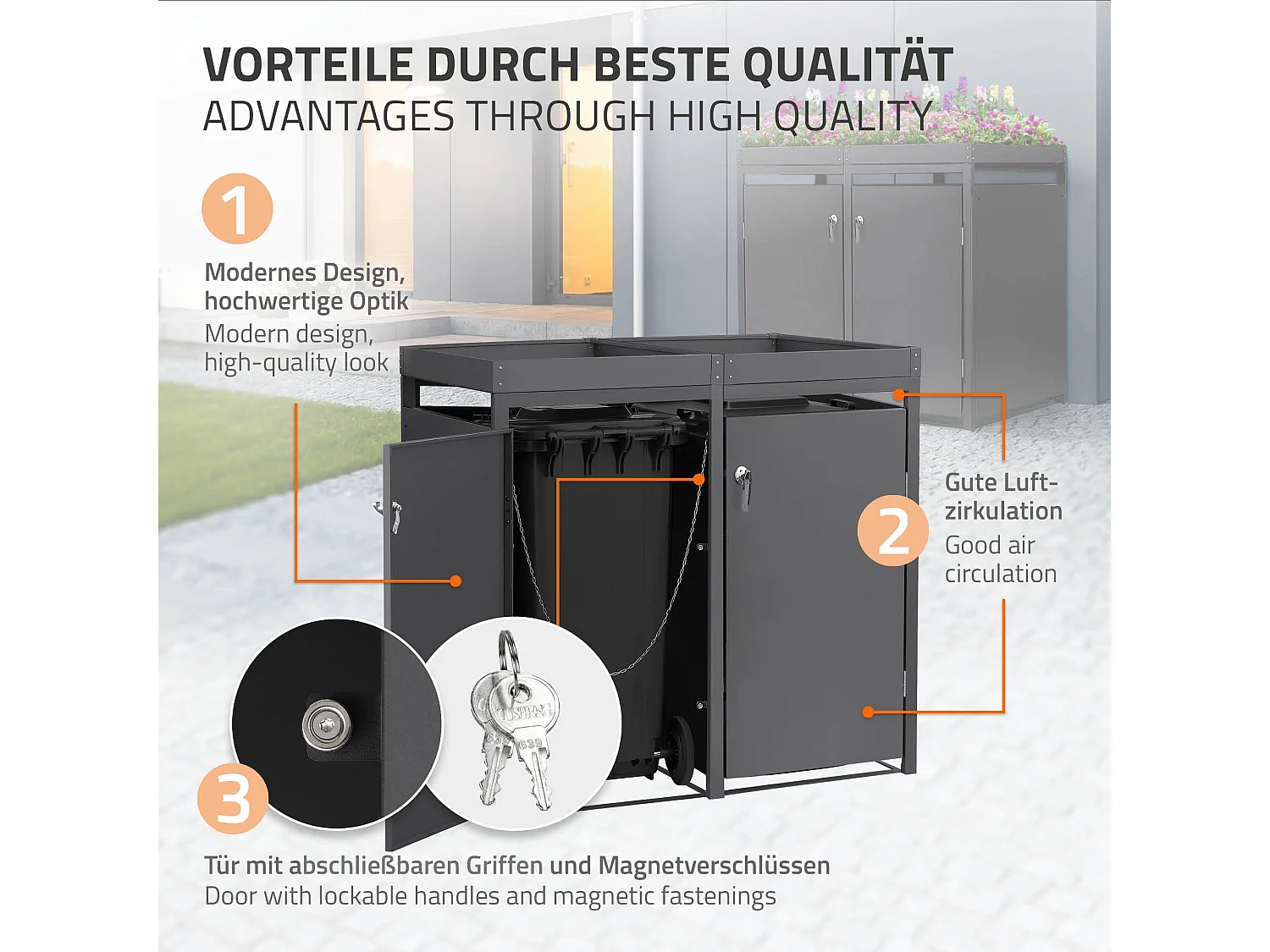 Abri pour 4 poubelles 264x80x124 cm capacité de 60L à 240L anthracite en acier avec toit pour plantes verrouillable 4 portes résistant aux intempéries