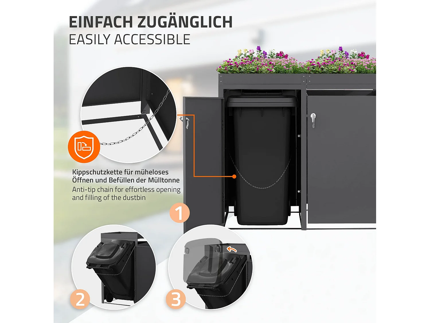 Abri pour 4 poubelles 264x80x124 cm capacité de 60L à 240L anthracite en acier avec toit pour plantes verrouillable 4 portes résistant aux intempéries