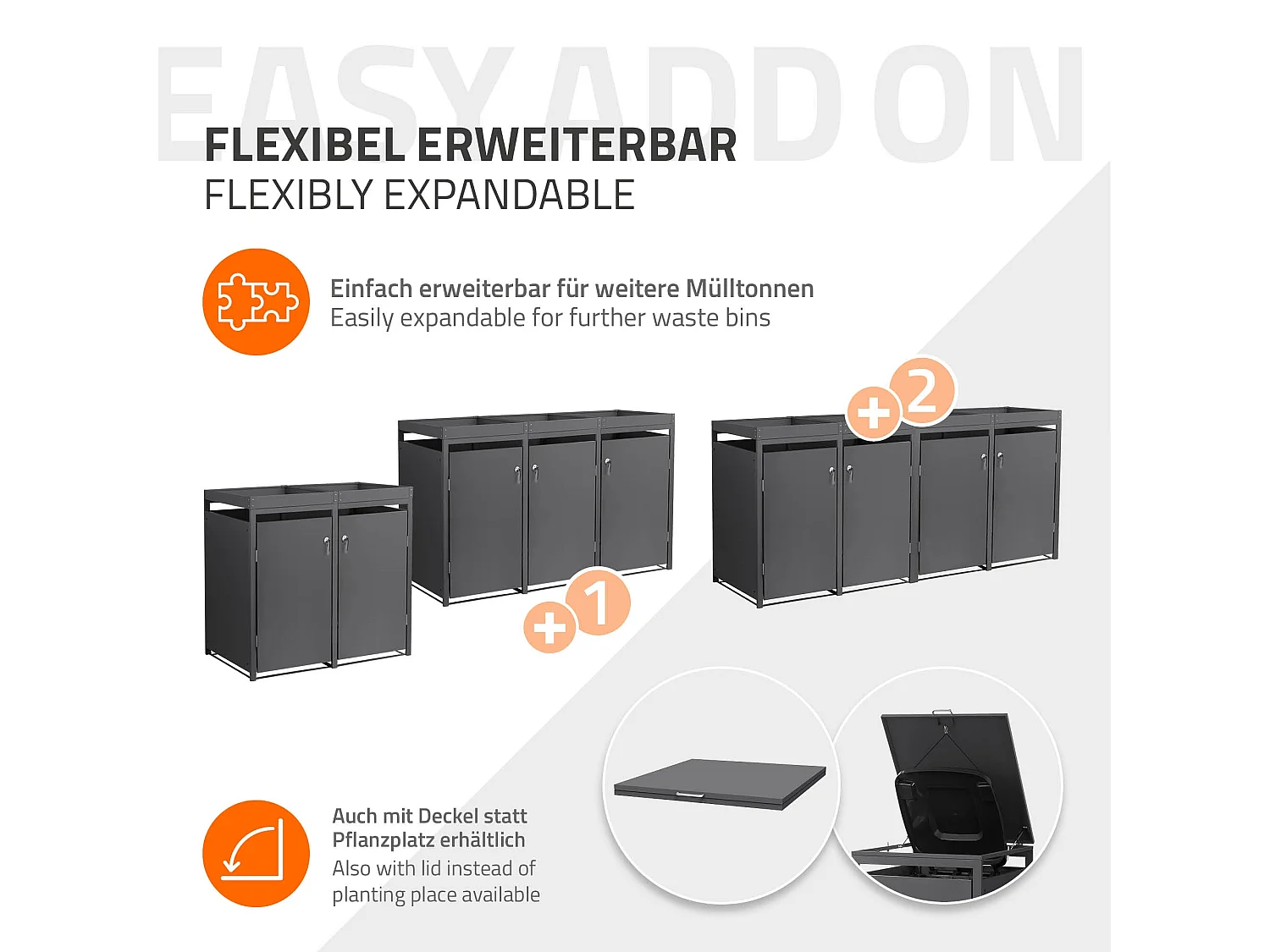 Abri pour 4 poubelles 264x80x124 cm capacité de 60L à 240L anthracite en acier avec toit pour plantes verrouillable 4 portes résistant aux intempéries