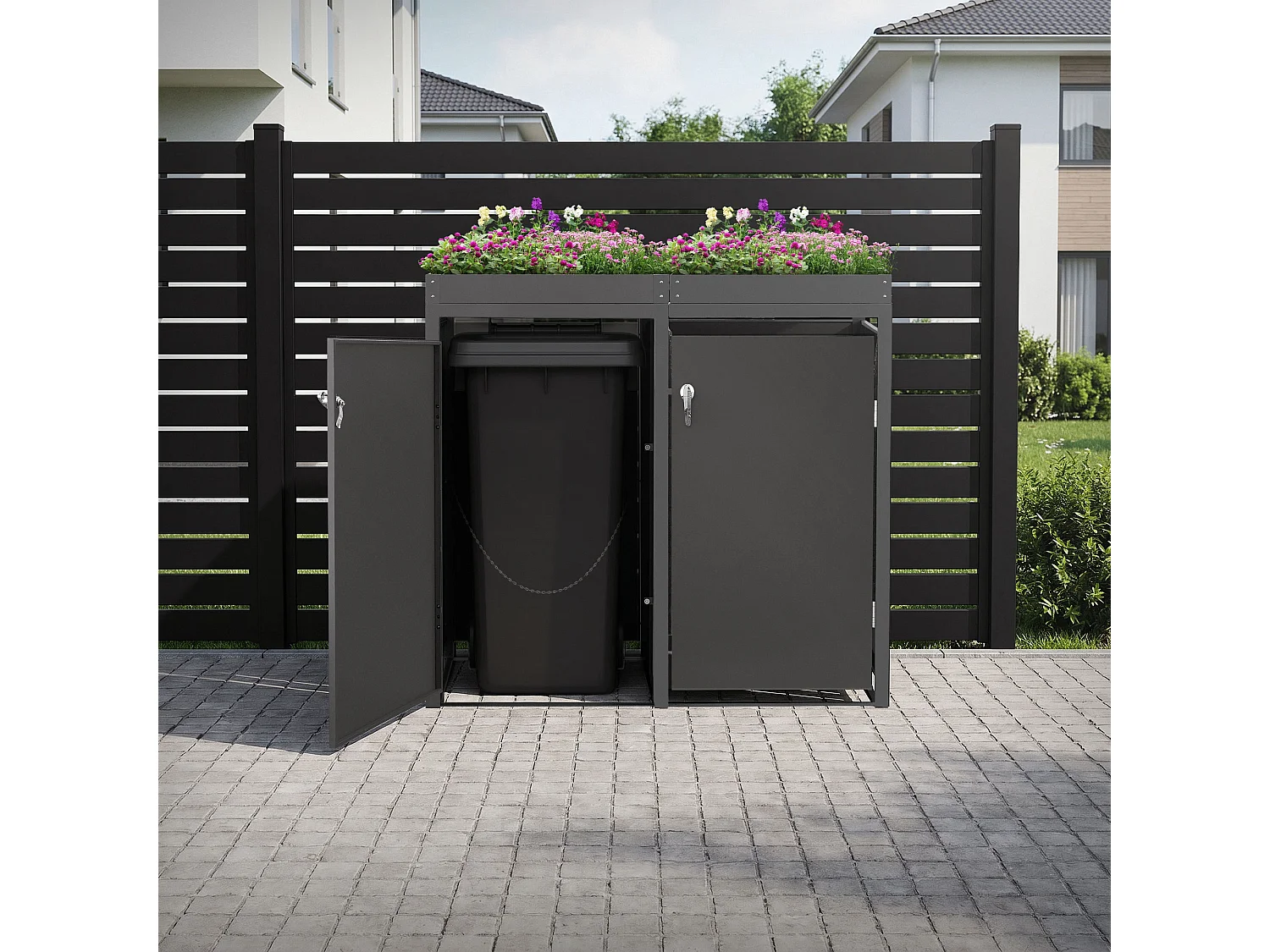 Abri pour 4 poubelles 264x80x124 cm capacité de 60L à 240L anthracite en acier avec toit pour plantes verrouillable 4 portes résistant aux intempéries
