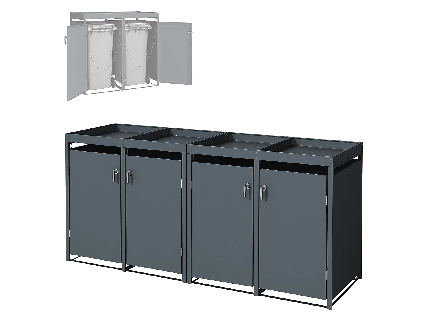 Abri pour 4 poubelles 264x80x124 cm capacité de 60L à 240L anthracite en acier avec toit pour plantes verrouillable 4 portes résistant aux intempéries