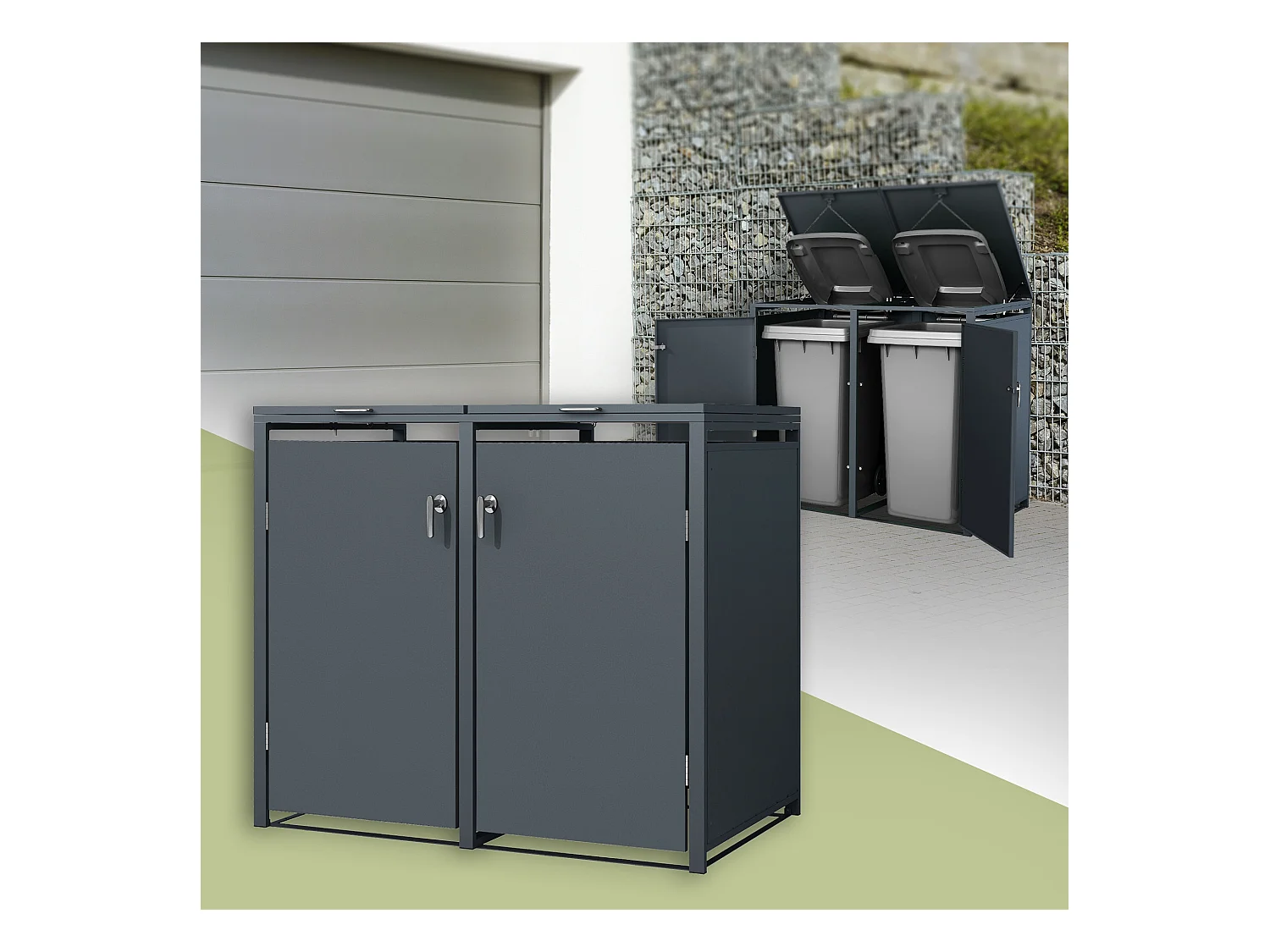 Abri pour 2 poubelles 132x80x116,3 cm capacité de 60 à 240 litres anthracite en acier avec couvercle rabattable et 2 portes résistant aux intempéries