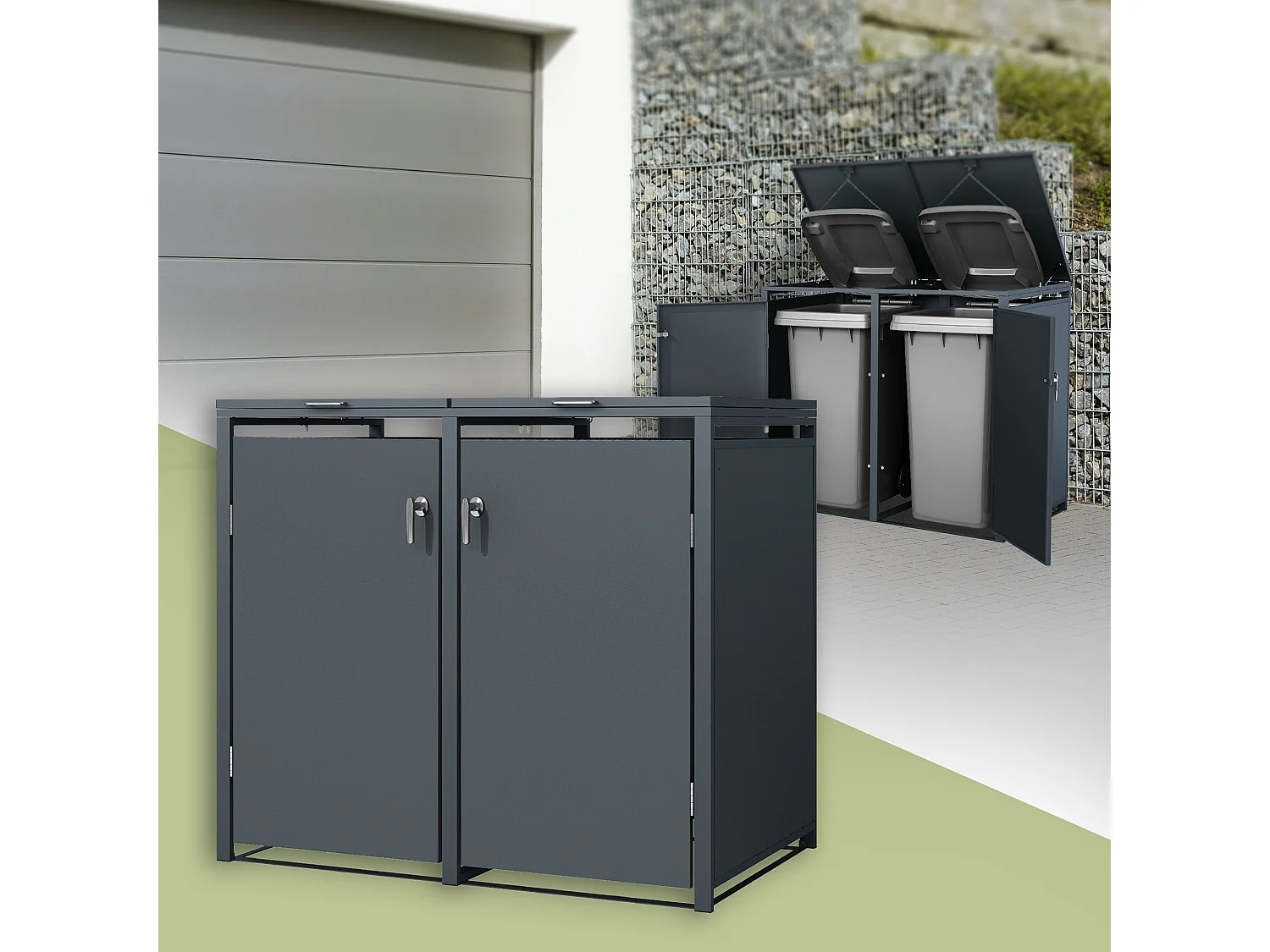 ML-Design Cobertizo exterior para ocultar 2 cubos de basura 240L 132 x 80 x 116,3 cm antracita caseta de acero con tapa abatible y cerradura