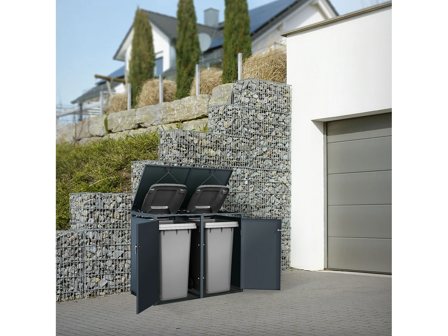 ML-Design Cobertizo exterior para ocultar 2 cubos de basura 240L 132 x 80 x 116,3 cm antracita caseta de acero con tapa abatible y cerradura