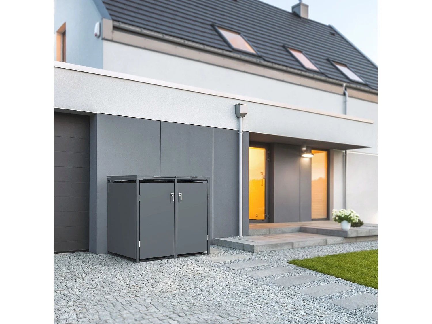 ML-Design Cobertizo exterior para ocultar 2 cubos de basura 240L 132 x 80 x 116,3 cm antracita caseta de acero con tapa abatible y cerradura