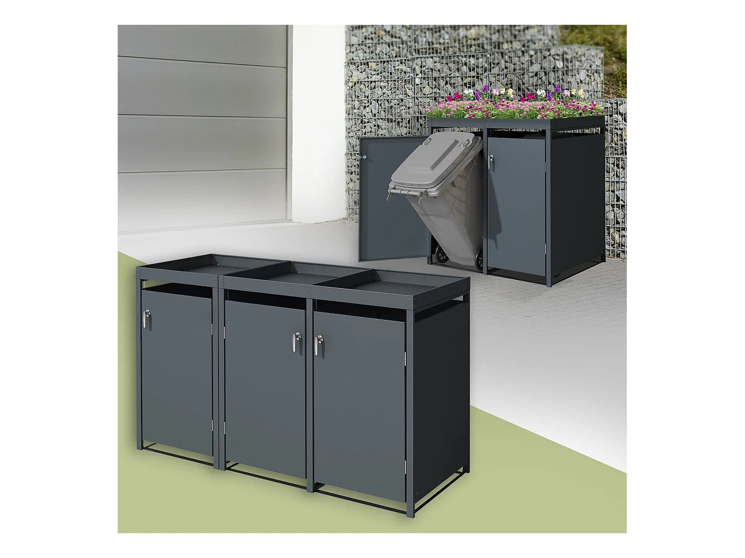 Abri pour 3 poubelles 200x80x124 cm capacité de 60L à 240L anthracite en acier avec toit pour plantes et fleurs / 3 portes résistant aux intempéries