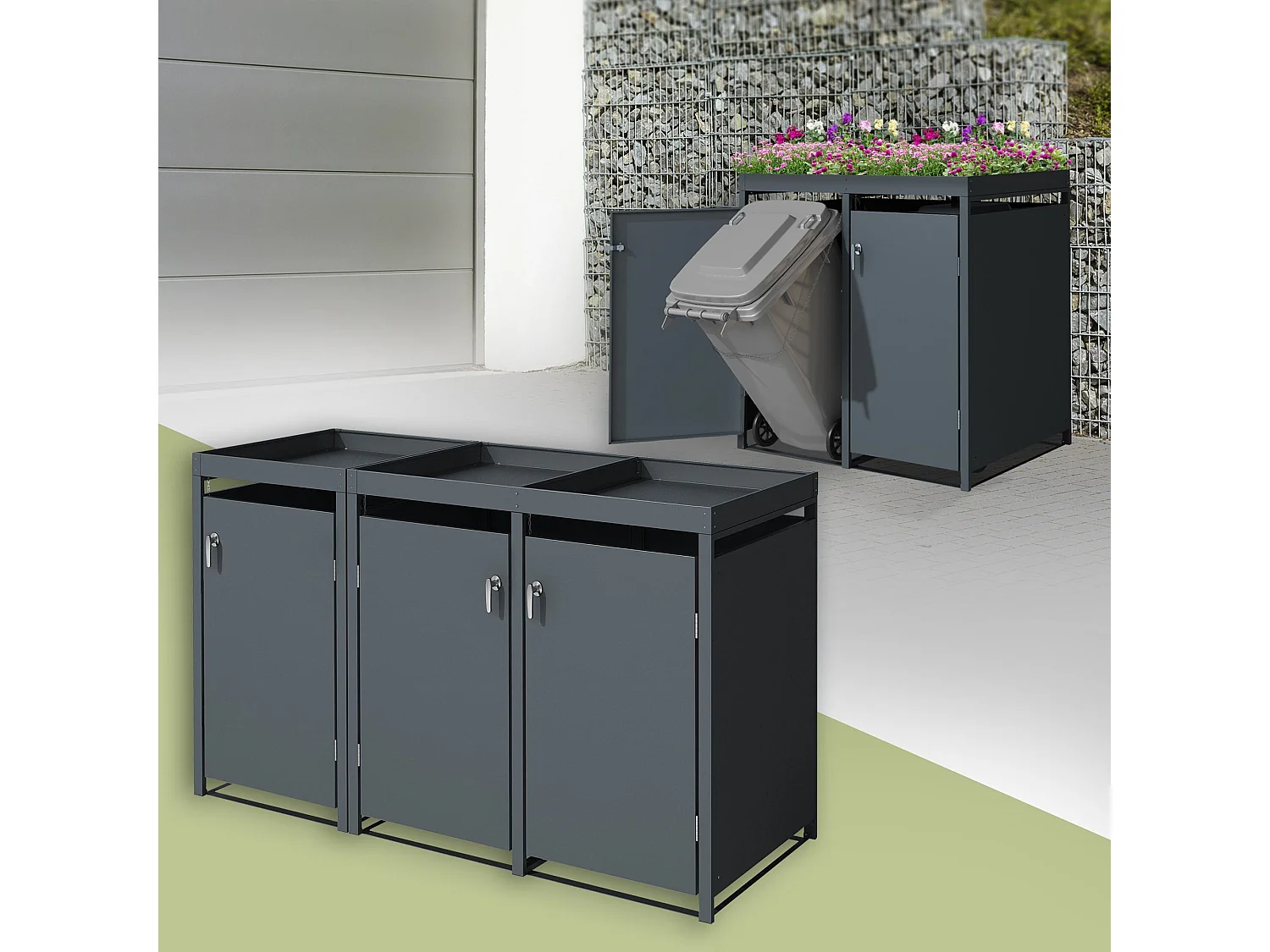 ML-Design Copribidoni per 3 bidoni 240L 200x80x124 cm con tetto a fioriera in acciaio antracite resistente alle intemperie contenitore per pattumiera