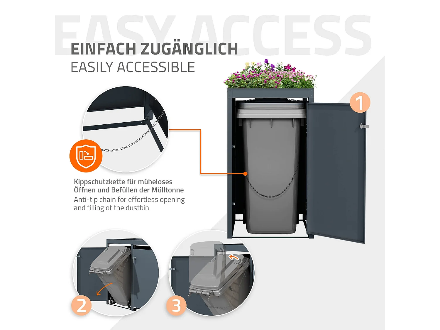 ML-Design Copribidoni per 3 bidoni 240L 200x80x124 cm con tetto a fioriera in acciaio antracite resistente alle intemperie contenitore per pattumiera