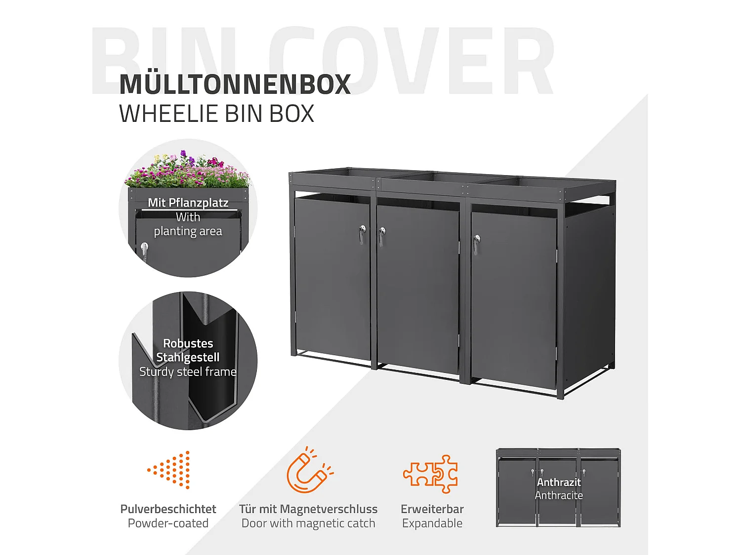 Abri pour 3 poubelles 200x80x124 cm capacité de 60L à 240L anthracite en acier avec toit pour plantes et fleurs / 3 portes résistant aux intempéries