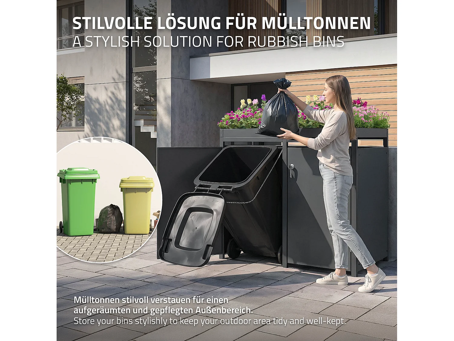 Abri pour 3 poubelles 200x80x124 cm capacité de 60L à 240L anthracite en acier avec toit pour plantes et fleurs / 3 portes résistant aux intempéries