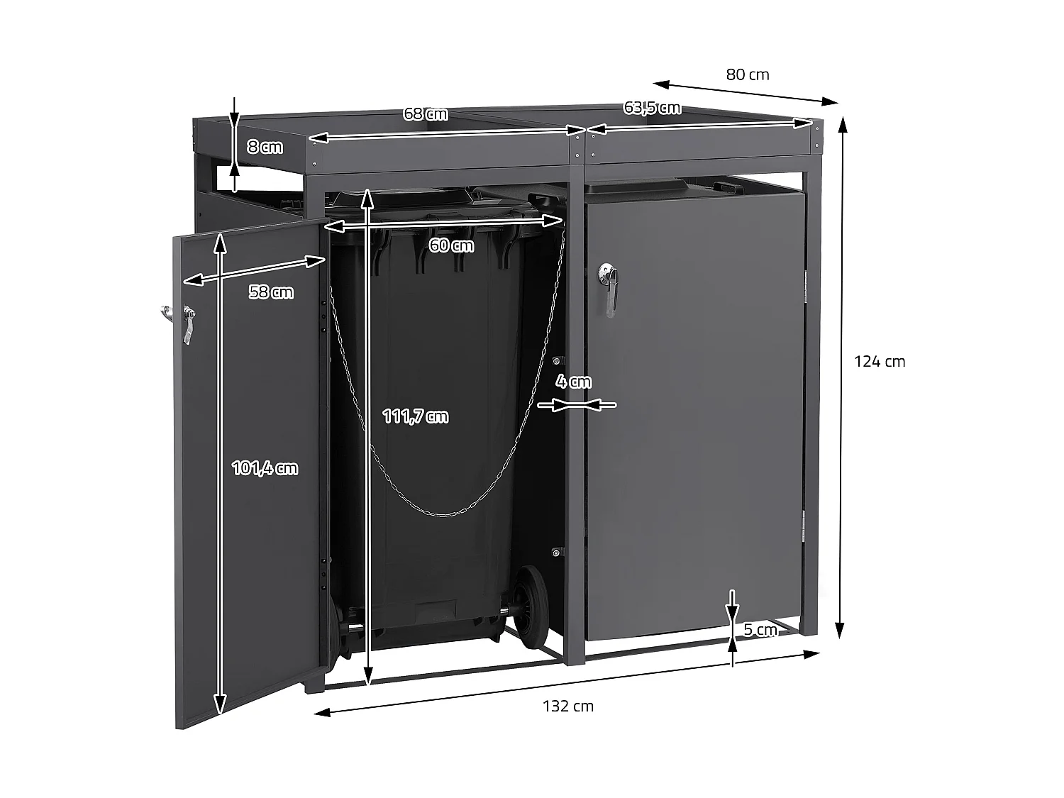 Abri pour 3 poubelles 200x80x124 cm capacité de 60L à 240L anthracite en acier avec toit pour plantes et fleurs / 3 portes résistant aux intempéries