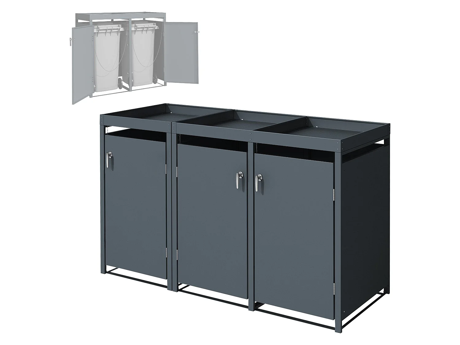 Abri pour 3 poubelles 200x80x124 cm capacité de 60L à 240L anthracite en acier avec toit pour plantes et fleurs / 3 portes résistant aux intempéries