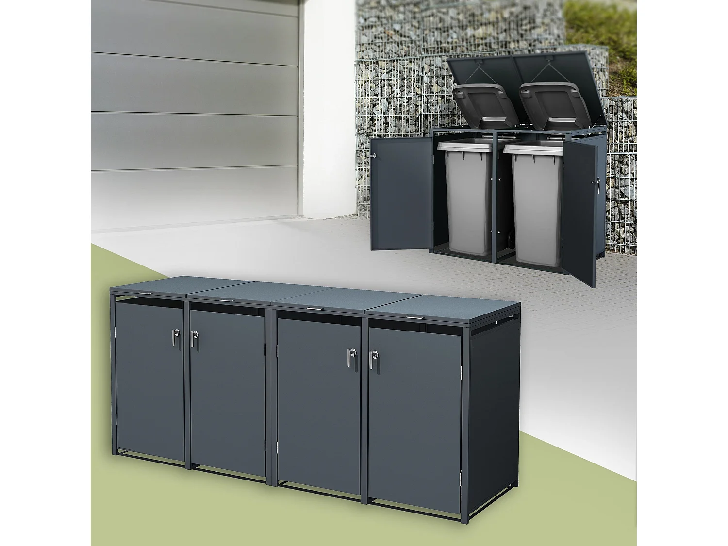 Abri pour 4 poubelles 264x80x116,3 cm capacité de 60 à 240 litres anthracite en acier avec couvercle rabattable et 4 portes résistant aux intempéries