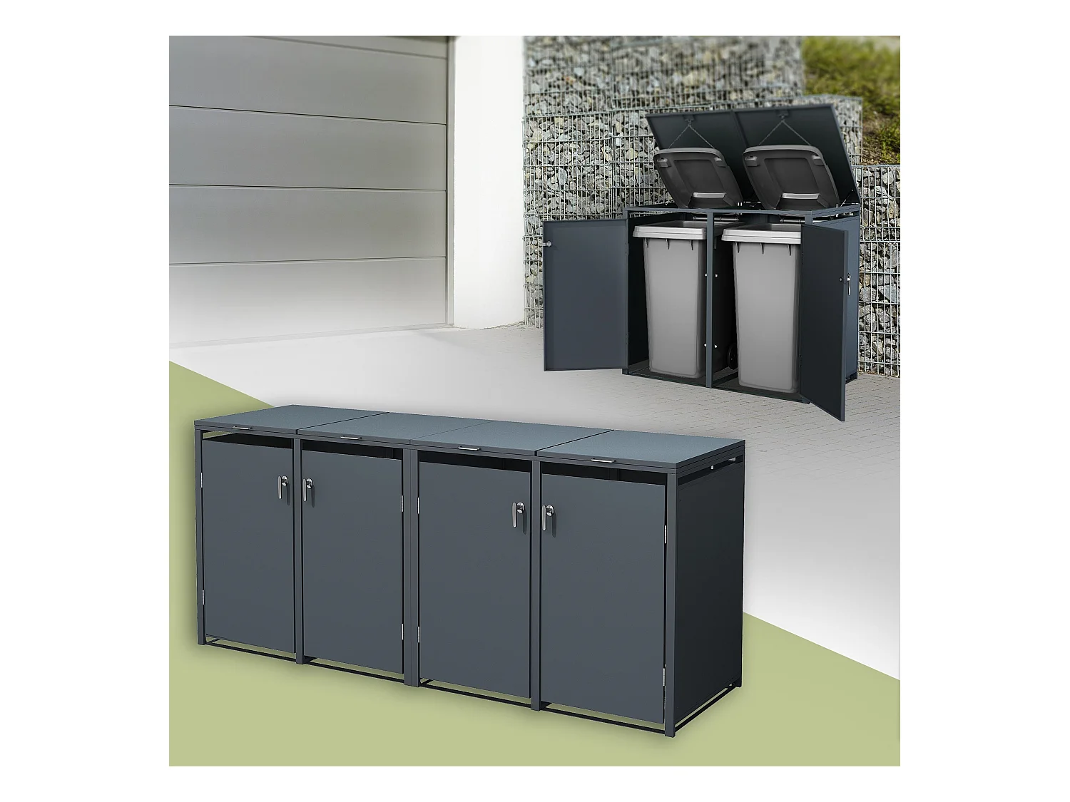 ML-Design Cobertizo de exterior para 4 cubos de basura 240L 264x80x116,3cm antracita caseta de acero para jardín con tapa abatible y cerradura