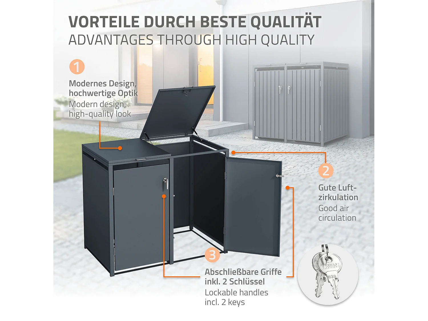 Abri pour 4 poubelles 264x80x116,3 cm capacité de 60 à 240 litres anthracite en acier avec couvercle rabattable et 4 portes résistant aux intempéries