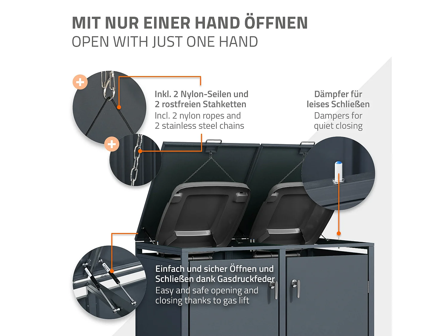 Abri pour 4 poubelles 264x80x116,3 cm capacité de 60 à 240 litres anthracite en acier avec couvercle rabattable et 4 portes résistant aux intempéries