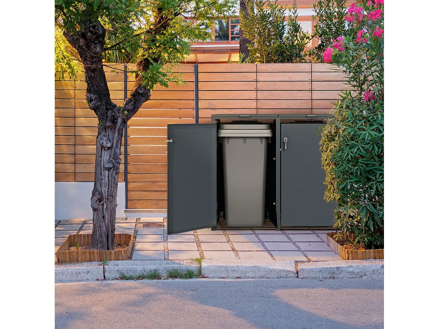 Abri pour 4 poubelles 264x80x116,3 cm capacité de 60 à 240 litres anthracite en acier avec couvercle rabattable et 4 portes résistant aux intempéries