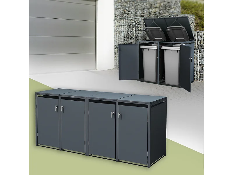 Abri pour 4 poubelles 264x80x116,3 cm capacité de 60 à 240 litres anthracite en acier avec couvercle rabattable et 4 portes résistant aux intempéries
