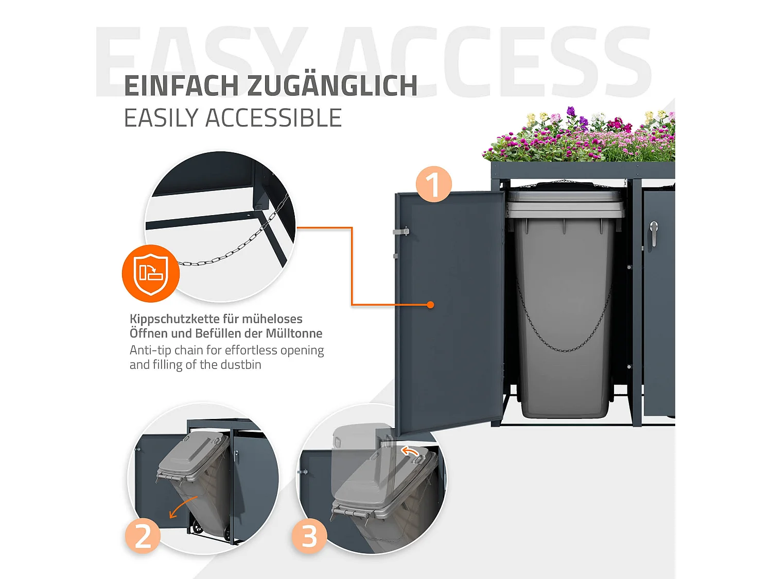 Abri pour 2 poubelles 132x80x124 cm capacité de 60L à 240L anthracite en acier avec toit pour plantes verrouillable 2 portes résistant aux intempéries